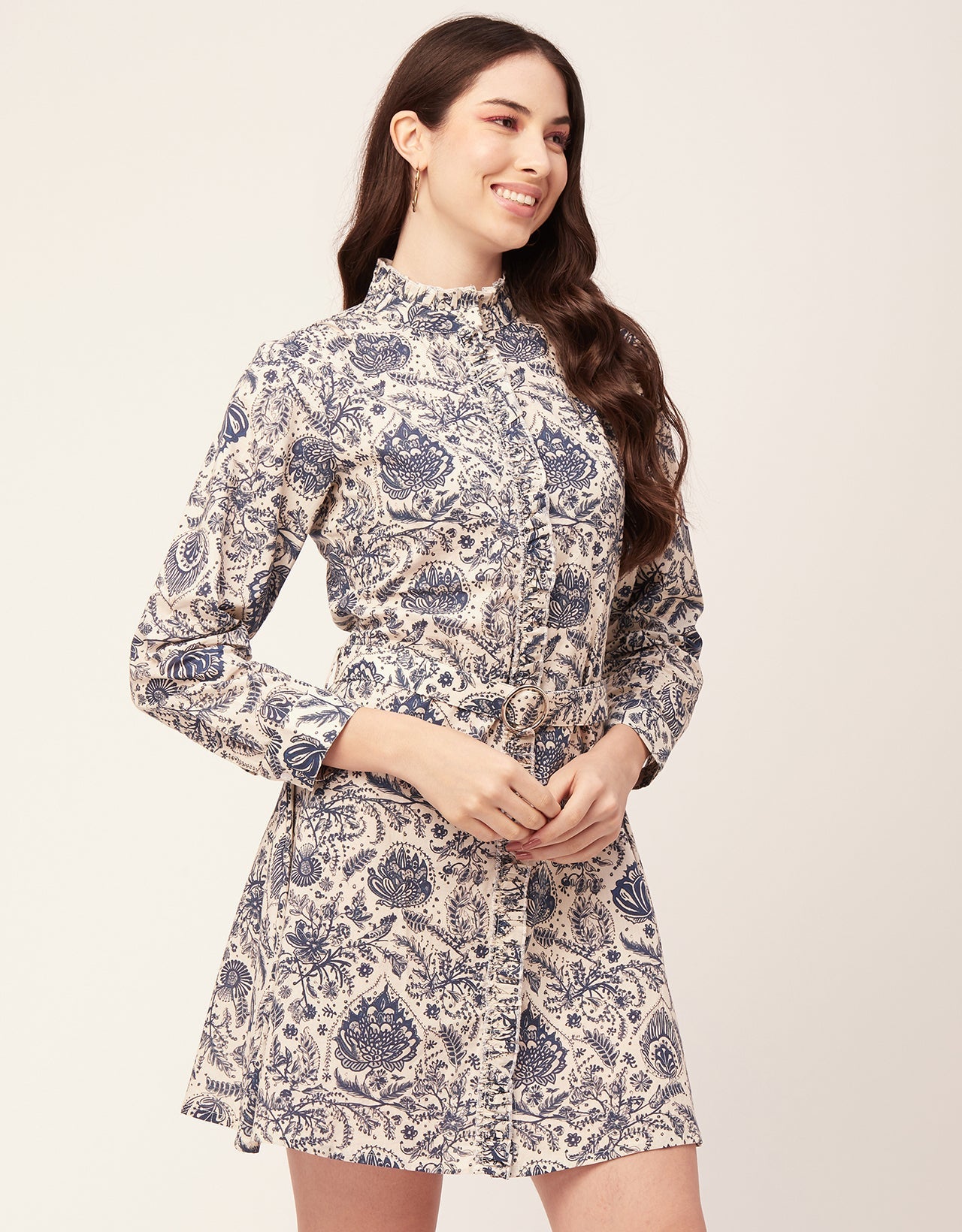Printed Cotton Dress, Ruffled Collar