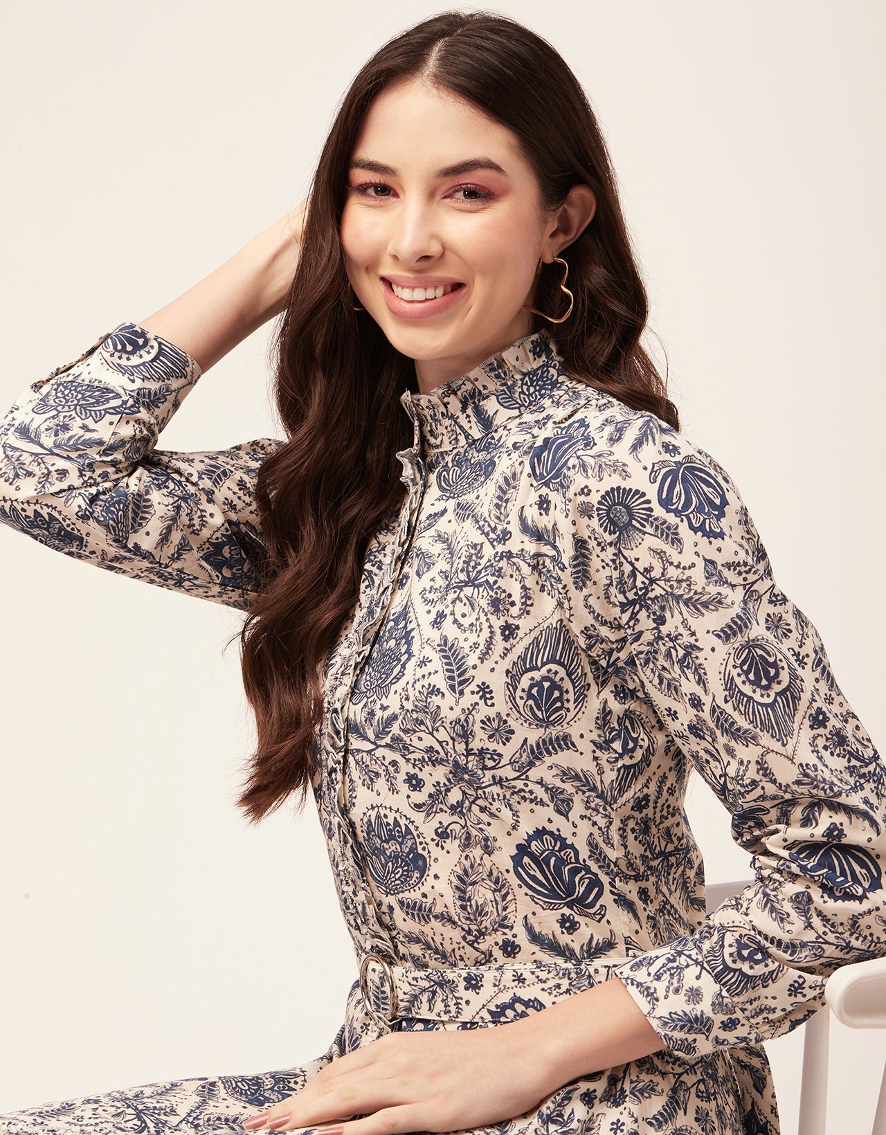 Printed Cotton Dress, Ruffled Collar