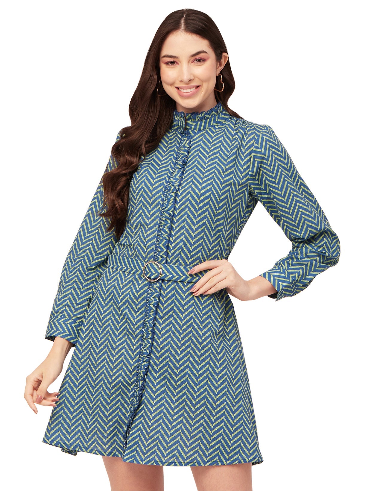 Printed Cotton Dress, Ruffled Collar