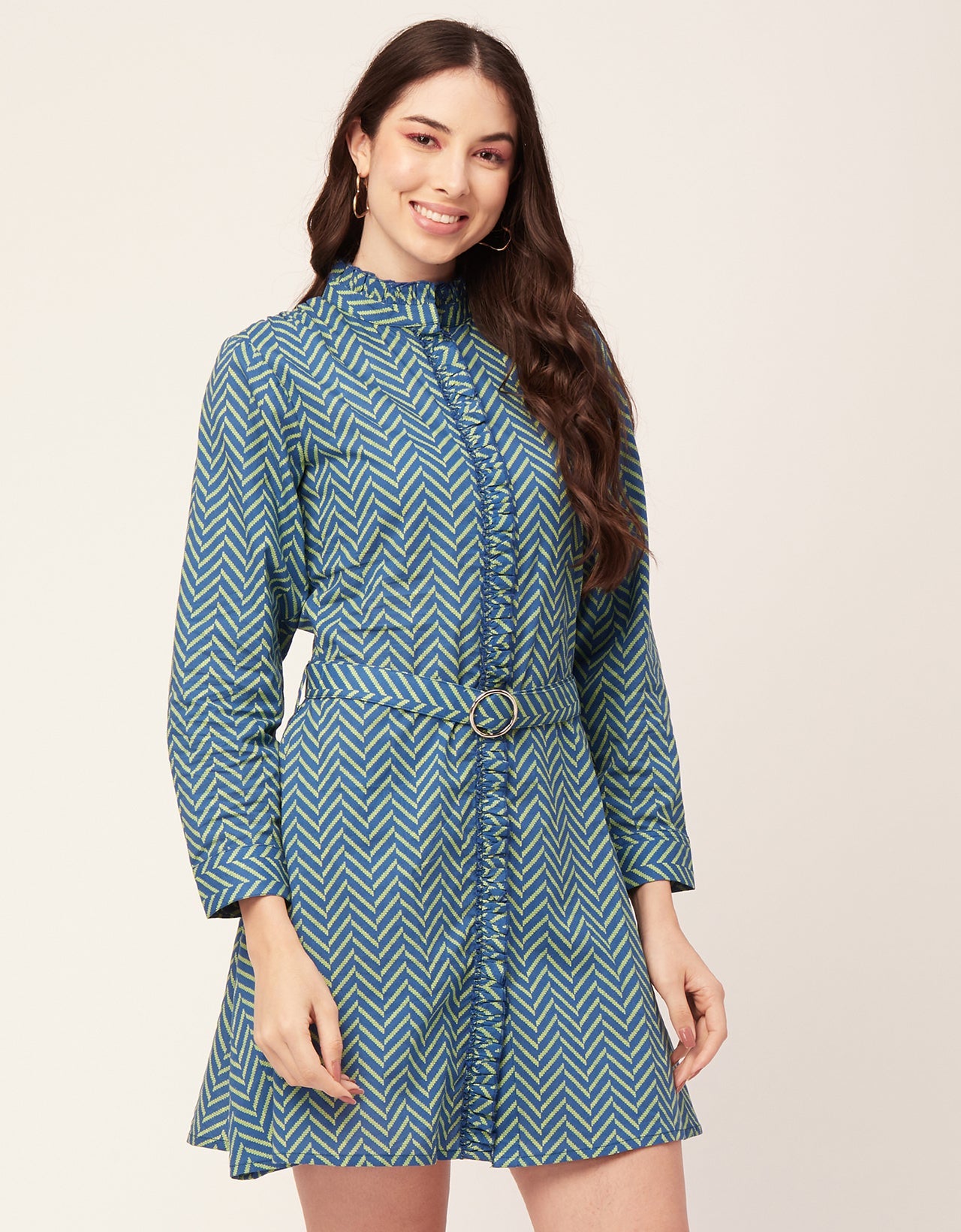 Printed Cotton Dress, Ruffled Collar