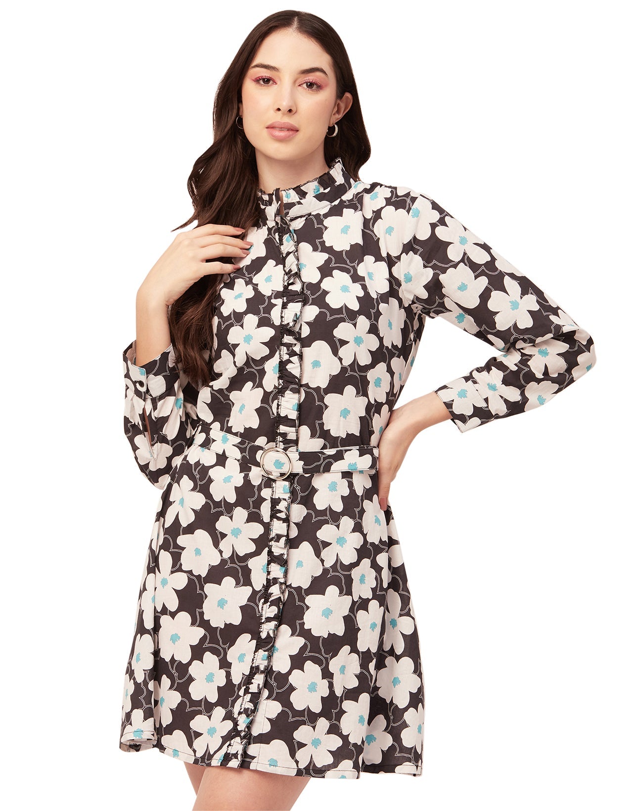 Printed Cotton Dress, Ruffled Collar
