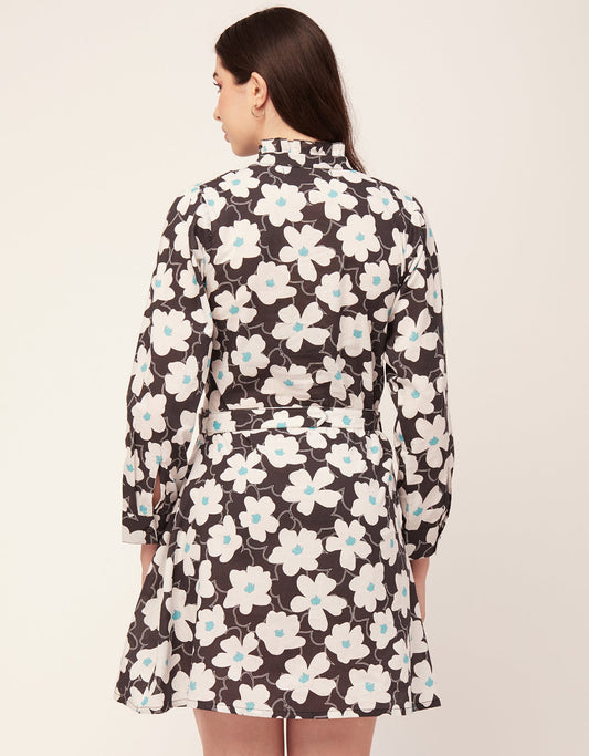 Printed Cotton Dress, Ruffled Collar