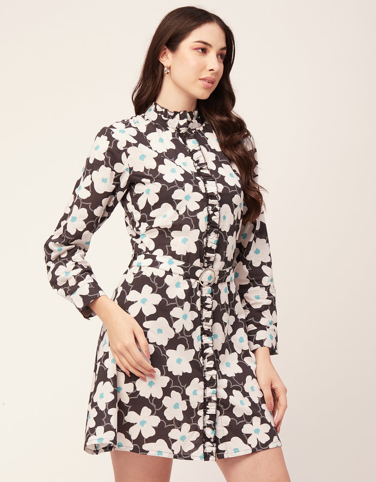 Printed Cotton Dress, Ruffled Collar