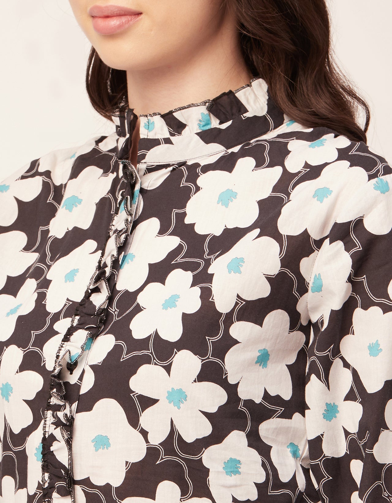 Printed Cotton Dress, Ruffled Collar