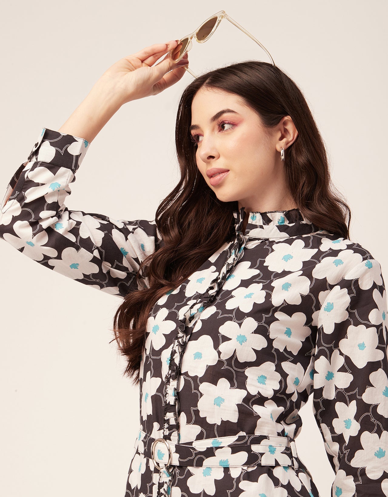 Printed Cotton Dress, Ruffled Collar