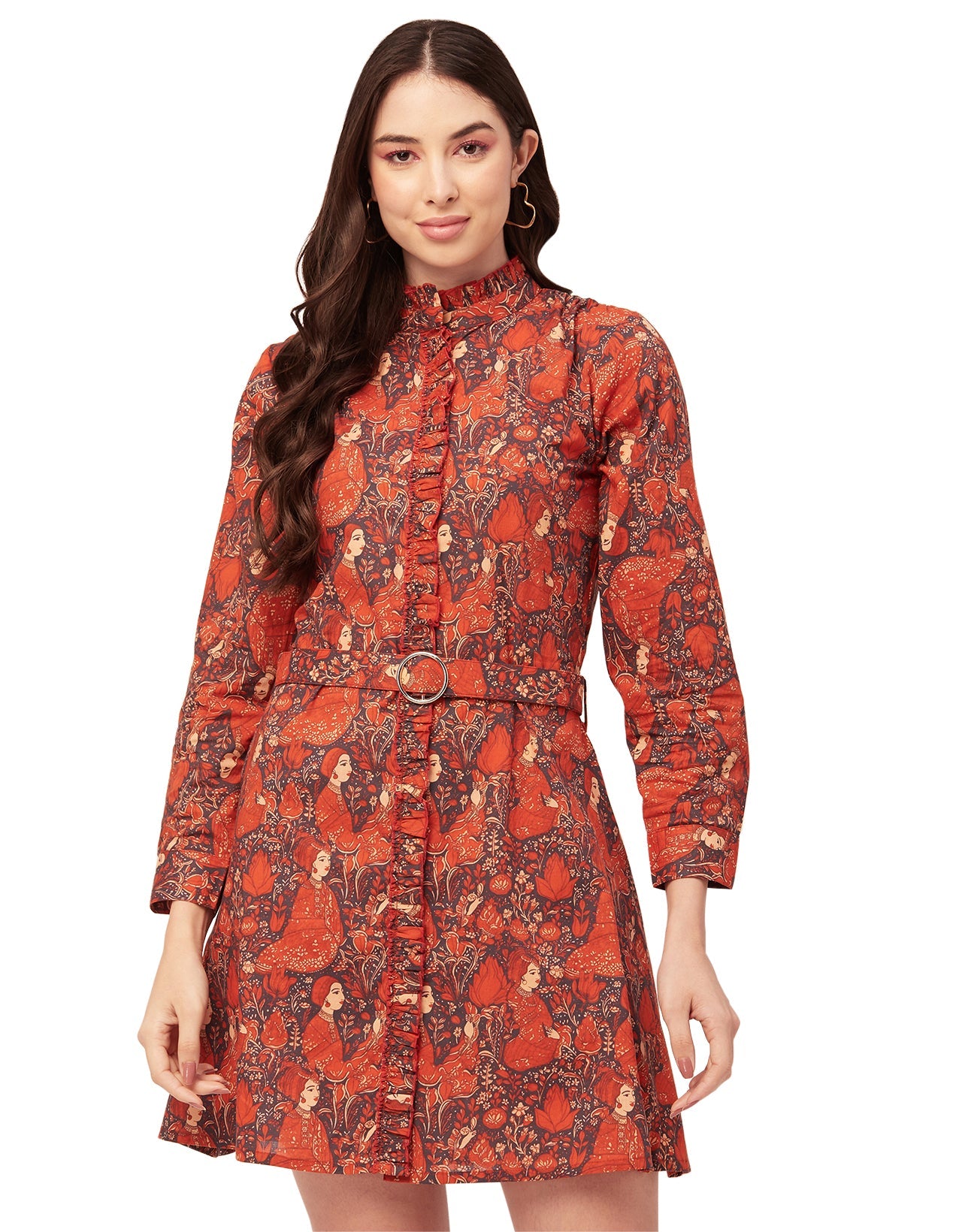 Printed Cotton Dress, Ruffled Collar