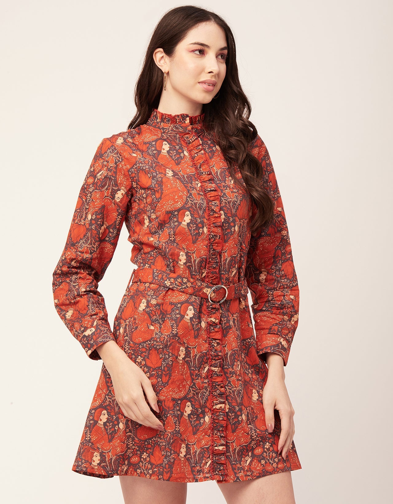 Printed Cotton Dress, Ruffled Collar