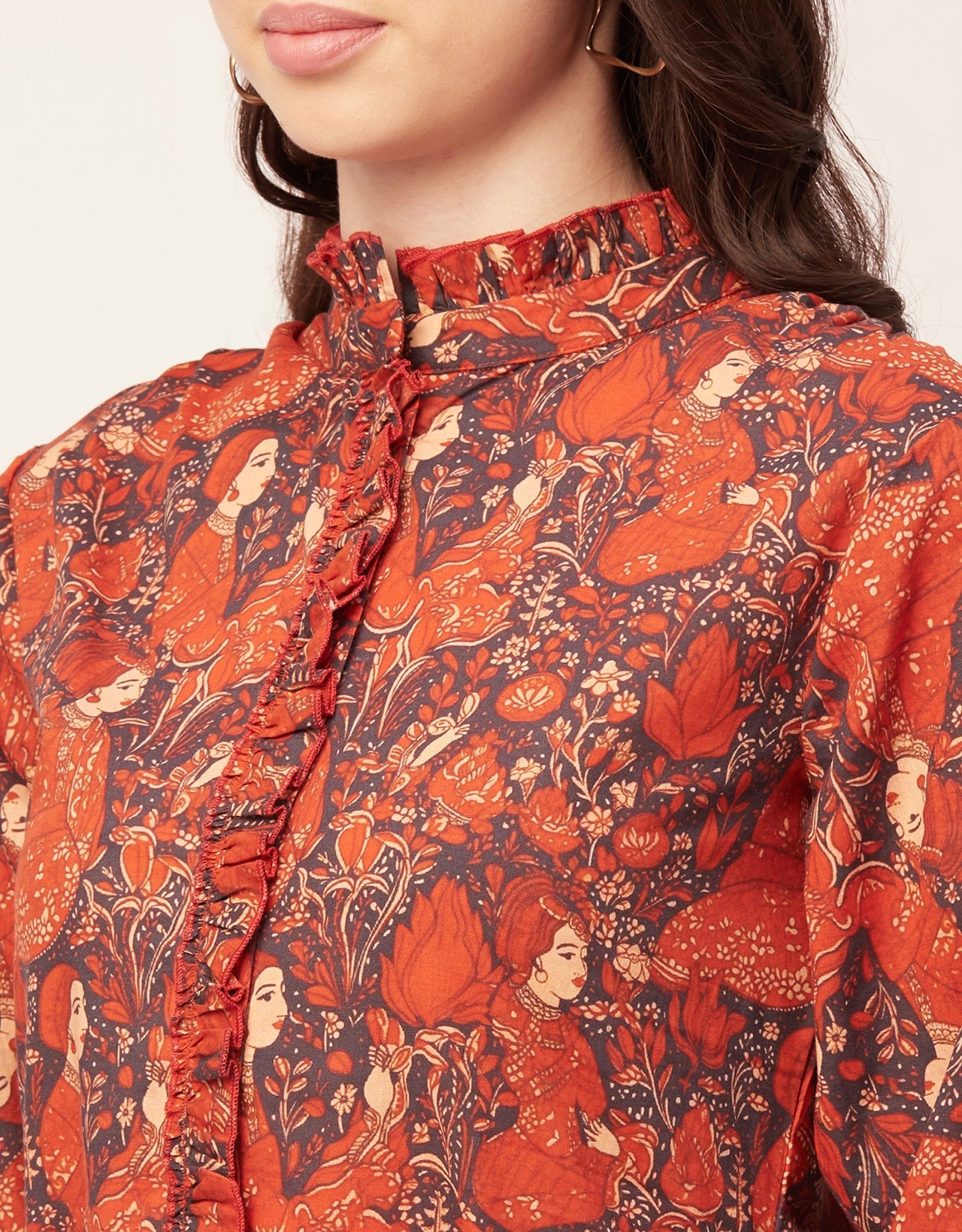 Printed Cotton Dress, Ruffled Collar