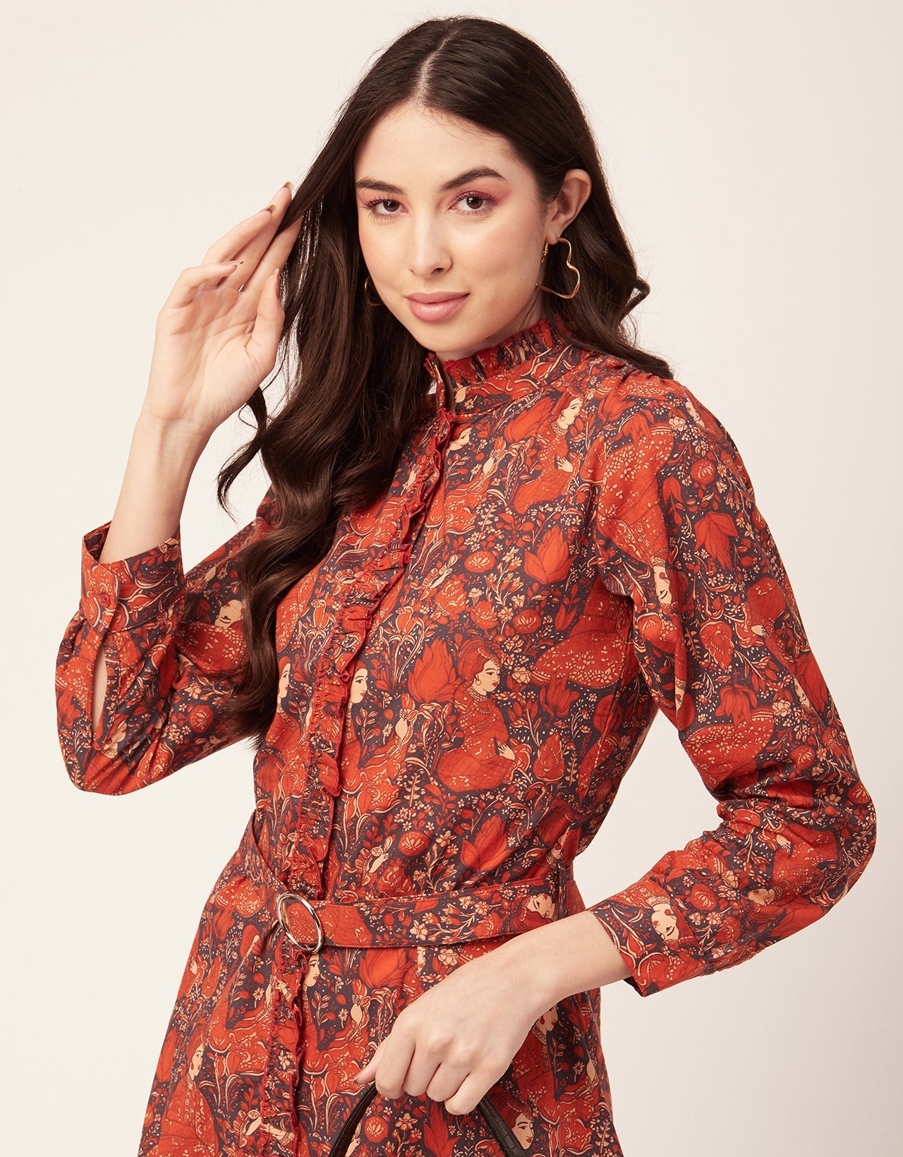 Printed Cotton Dress, Ruffled Collar