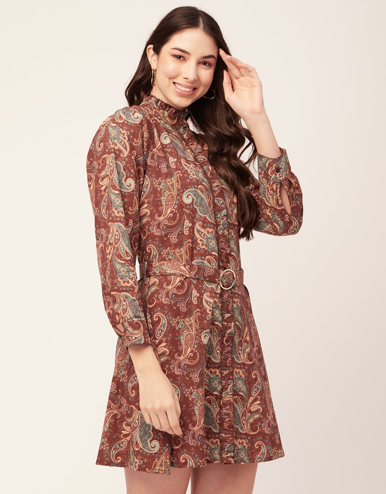 Printed Cotton Dress, Ruffled Collar