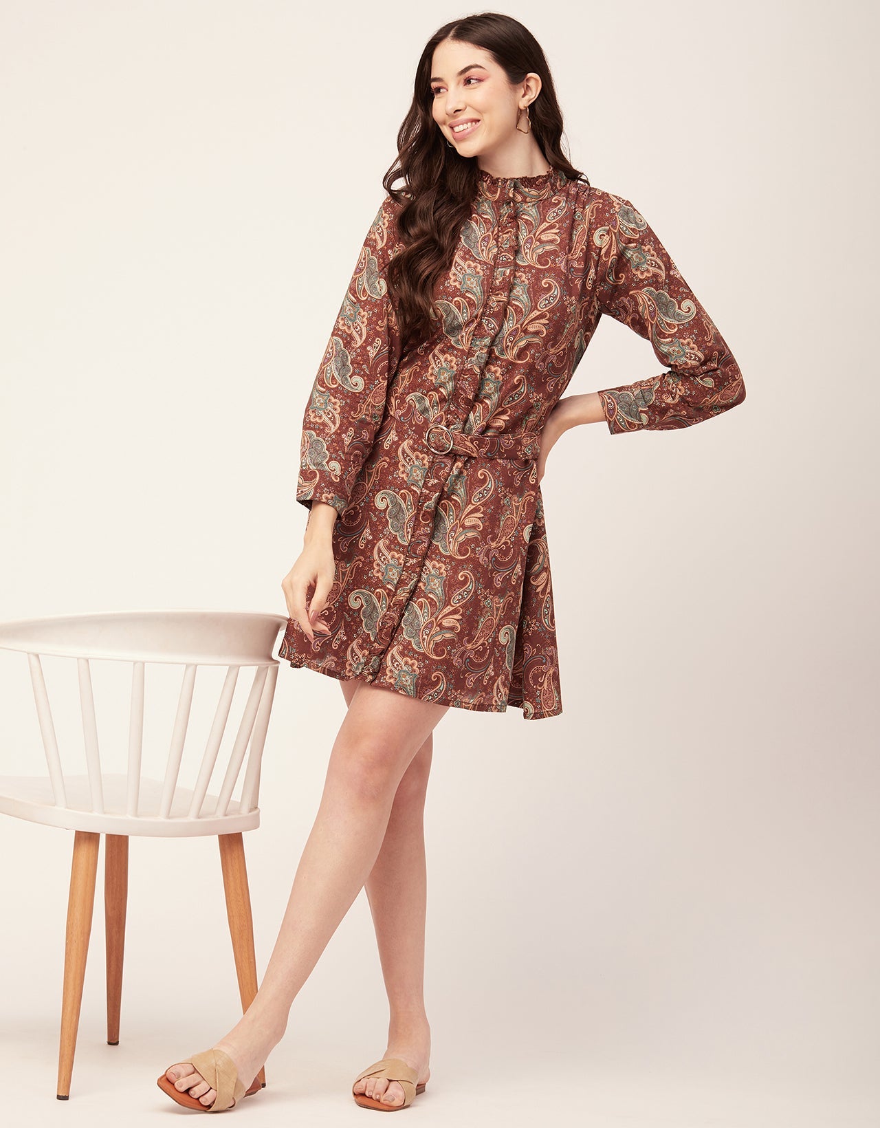 Printed Cotton Dress, Ruffled Collar