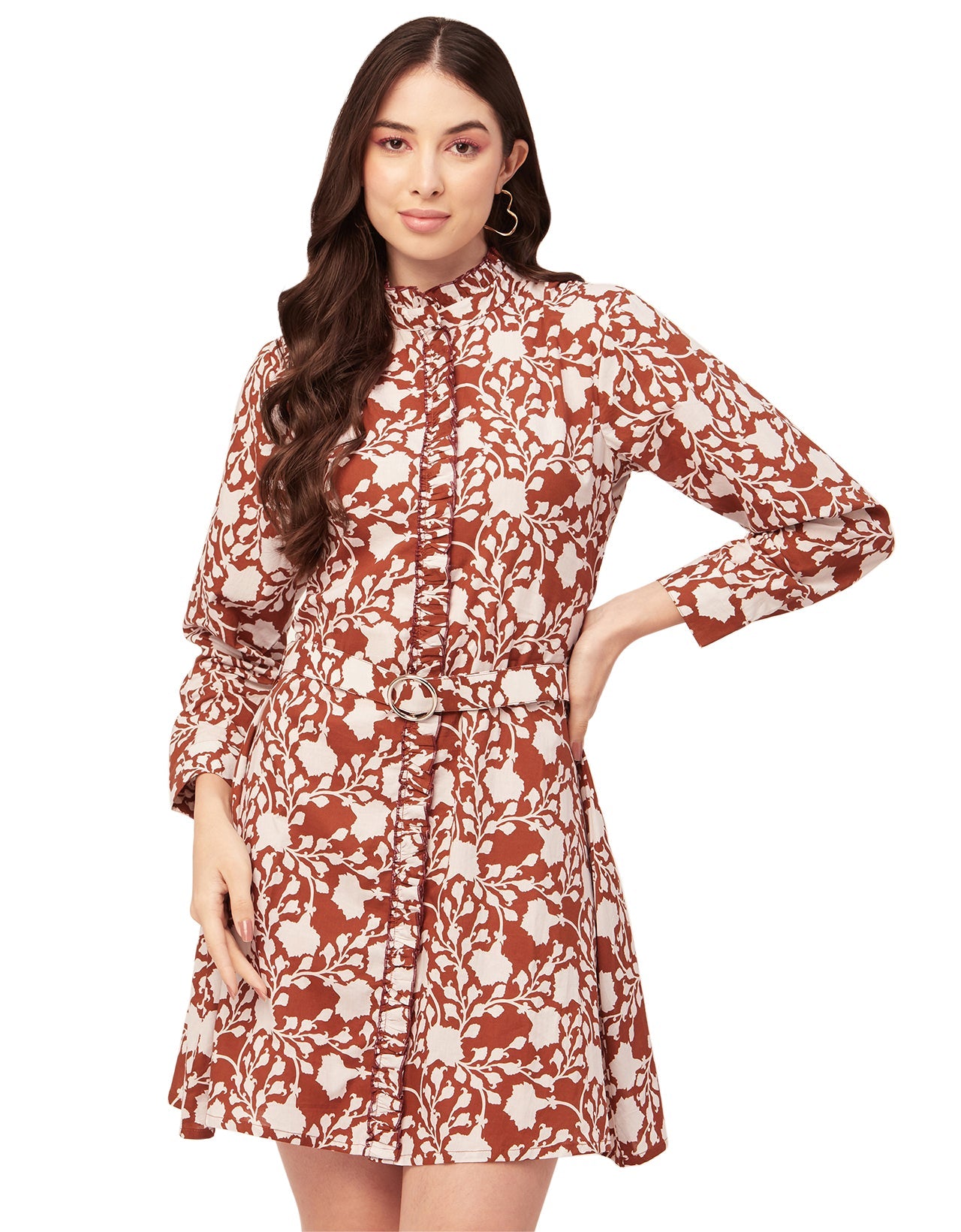 Printed Cotton Dress, Ruffled Collar