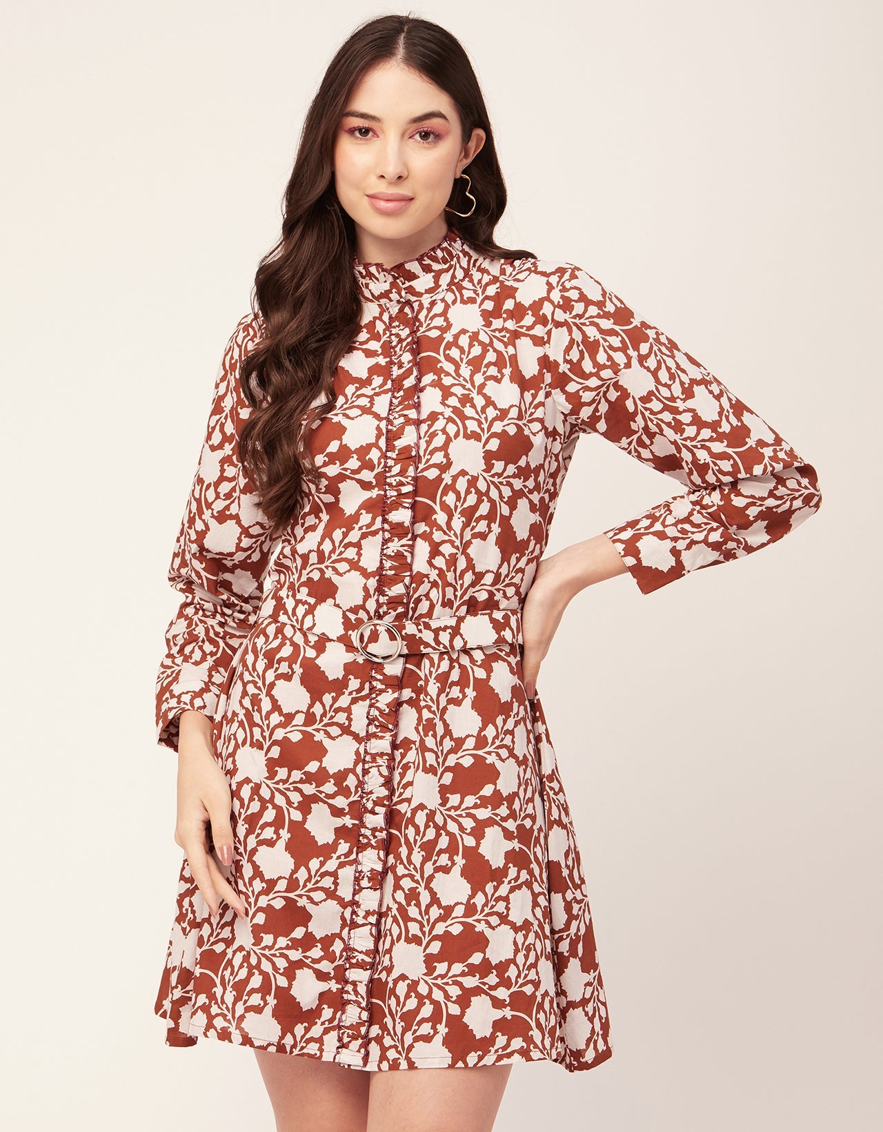 Printed Cotton Dress, Ruffled Collar