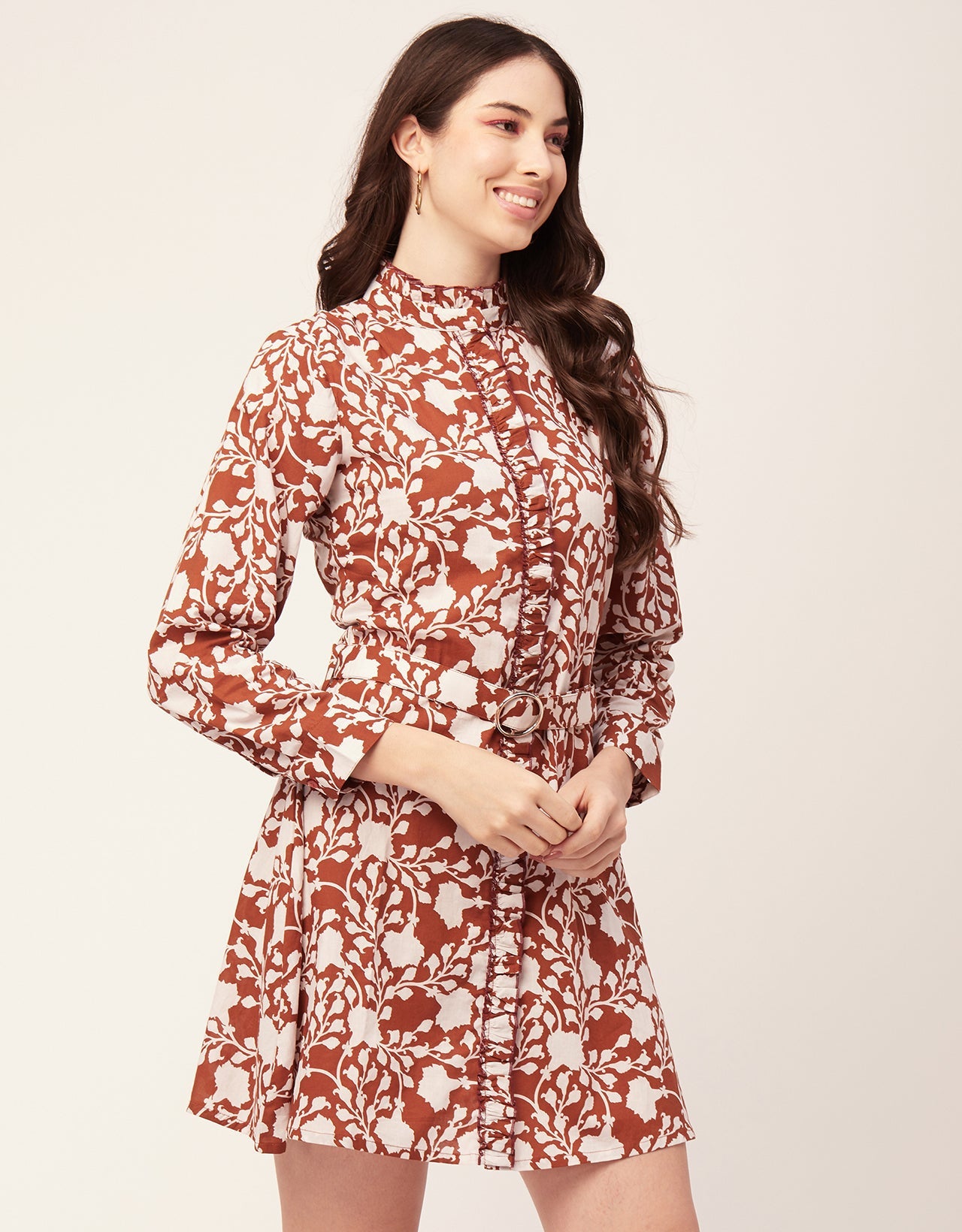 Printed Cotton Dress, Ruffled Collar