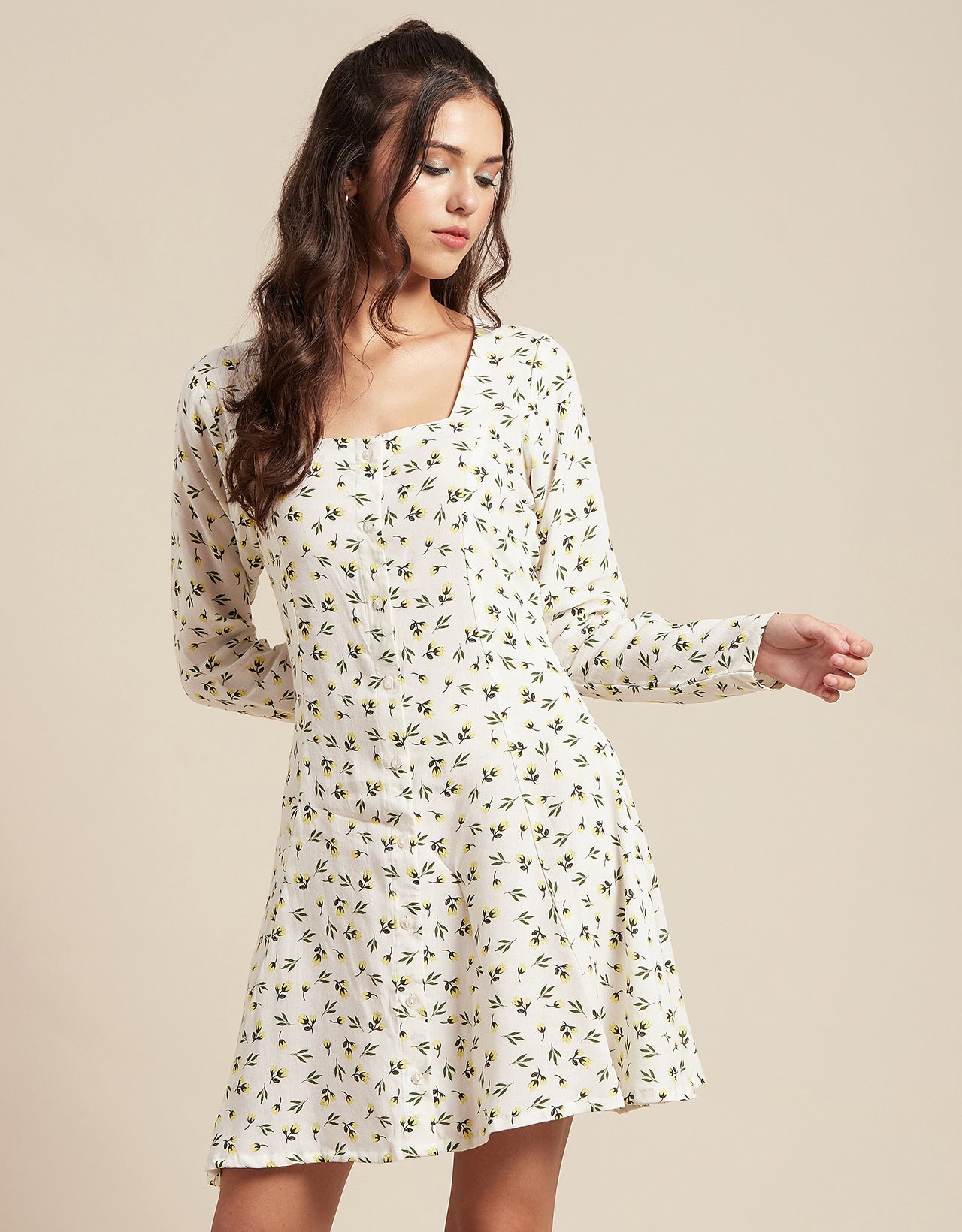 Long Sleeves Dress, Square Neck