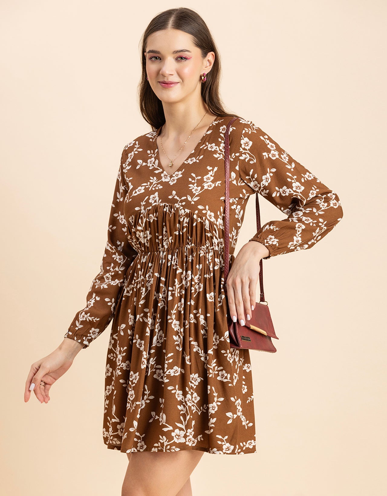 Printed Viscose Dress, Long Sleeves