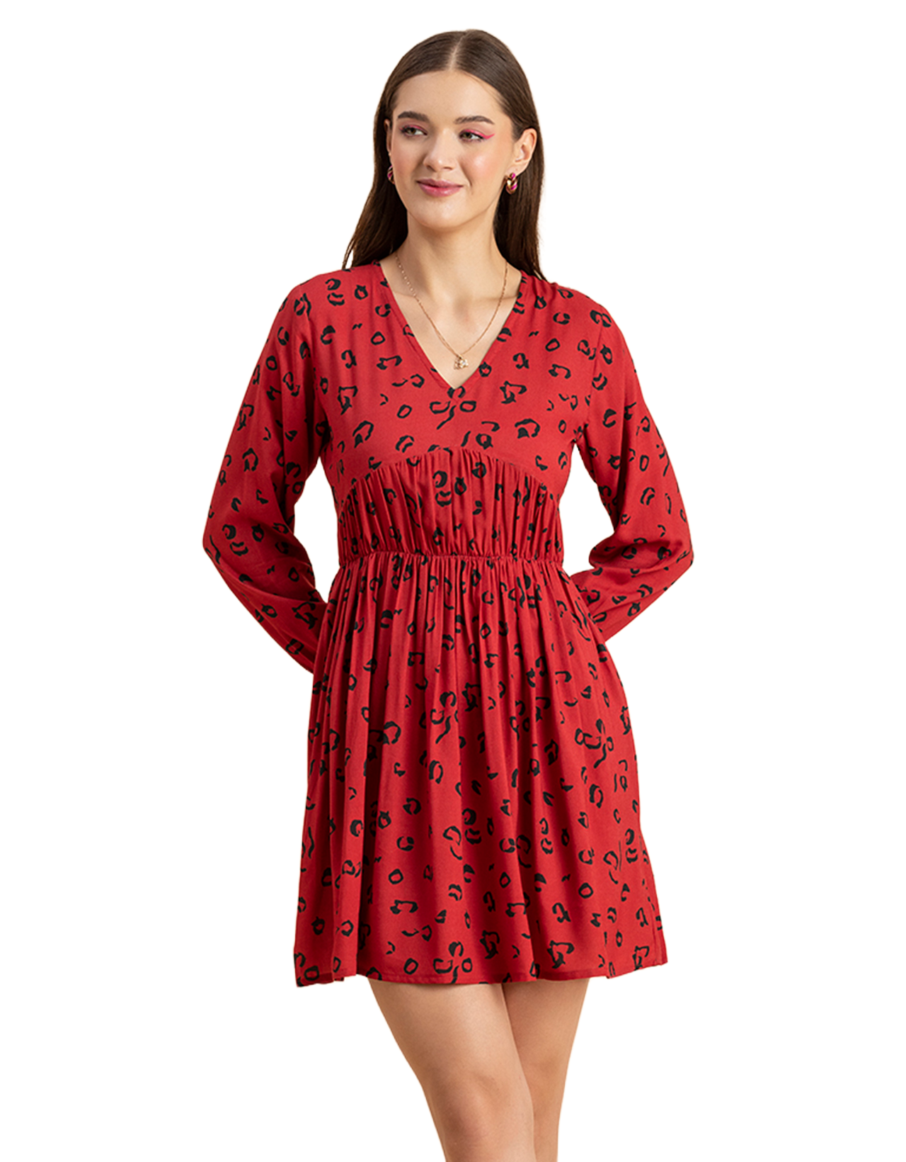 Printed Viscose Dress, Long Sleeves