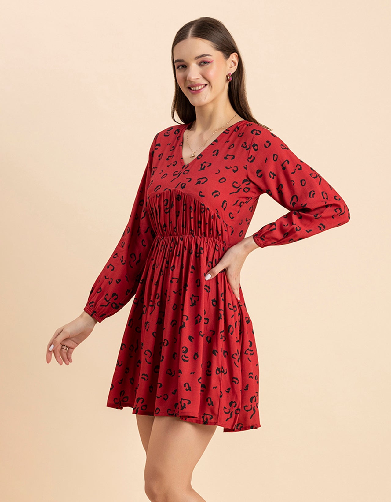 Printed Viscose Dress, Long Sleeves