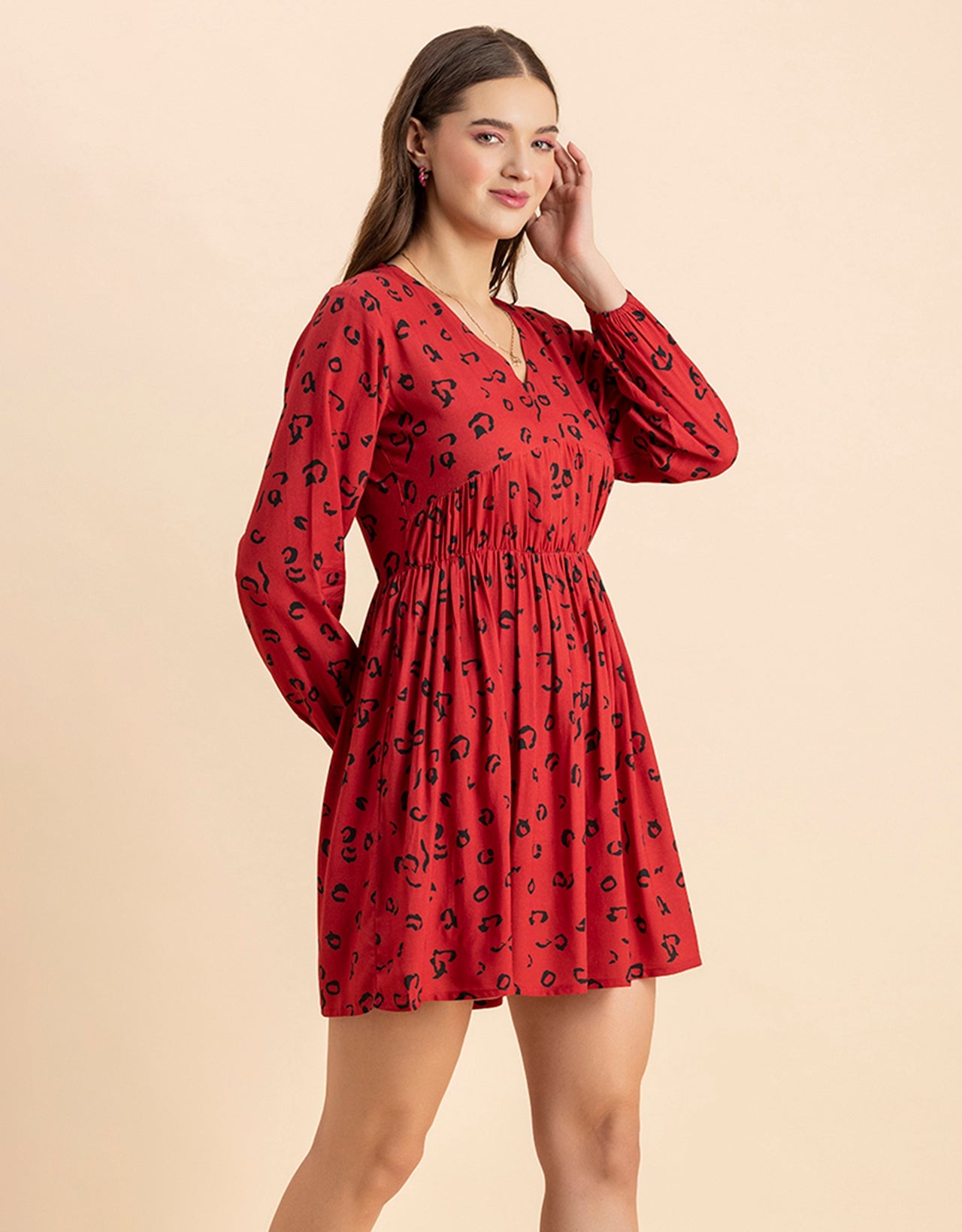 Printed Viscose Dress, Long Sleeves