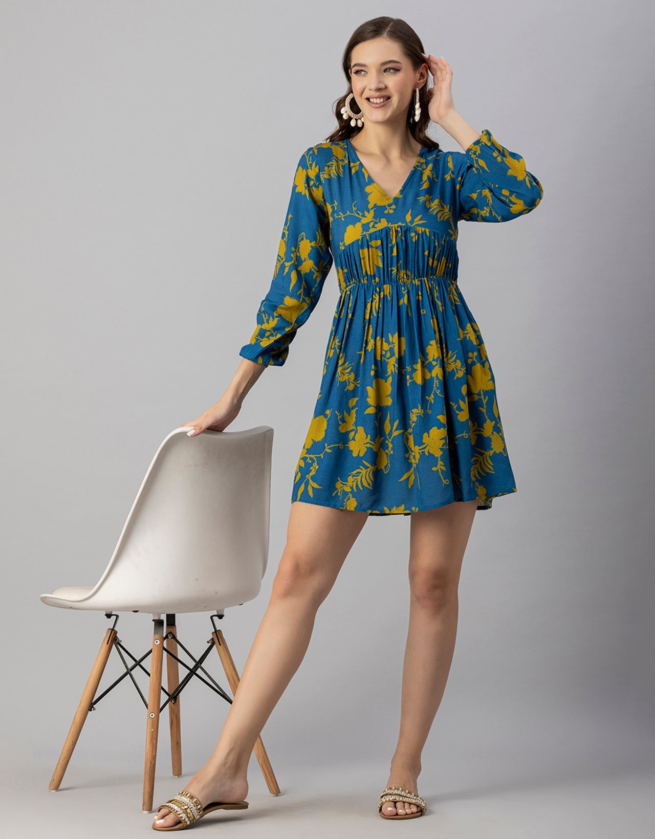 Printed Viscose Dress, Long Sleeves
