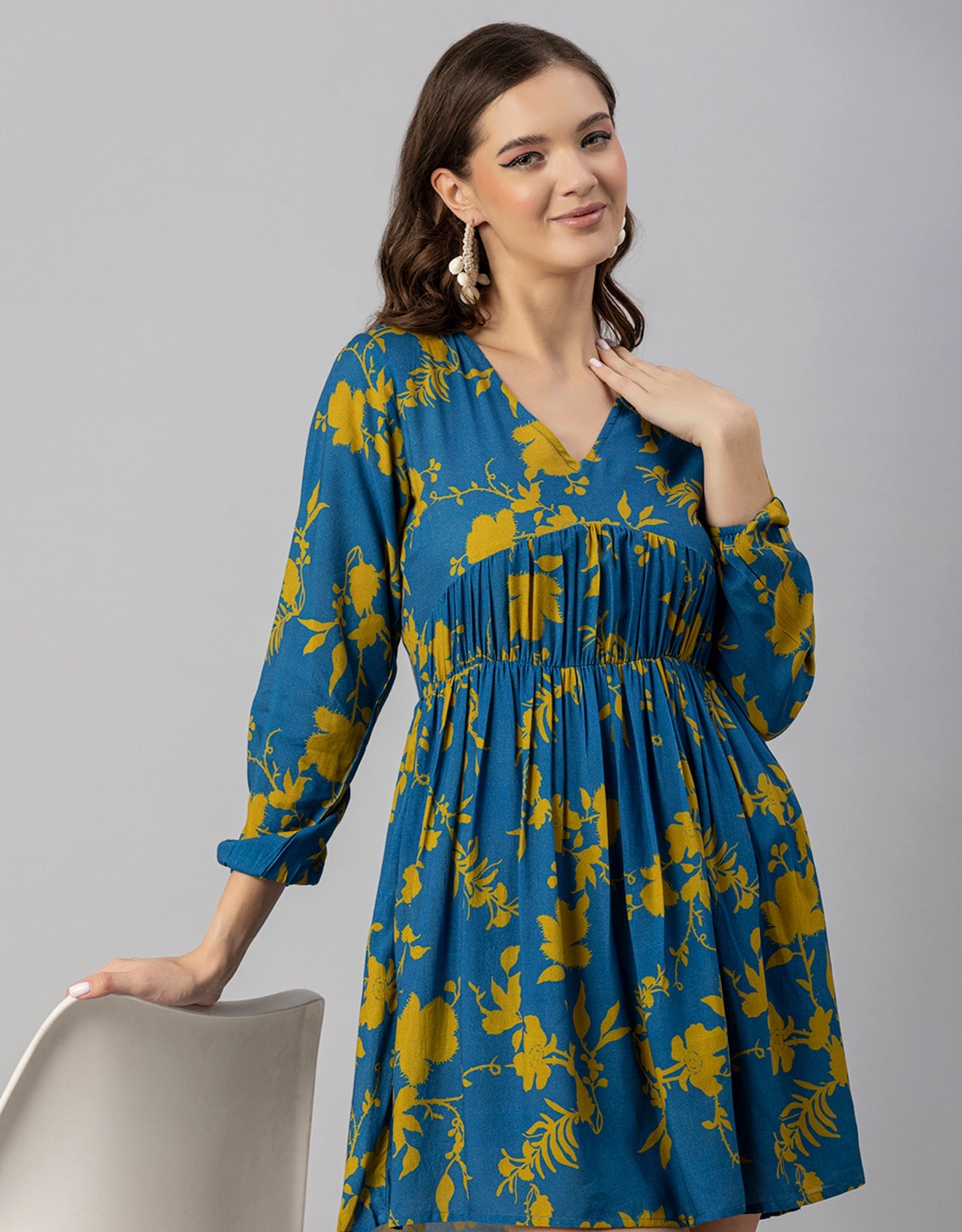 Printed Viscose Dress, Long Sleeves