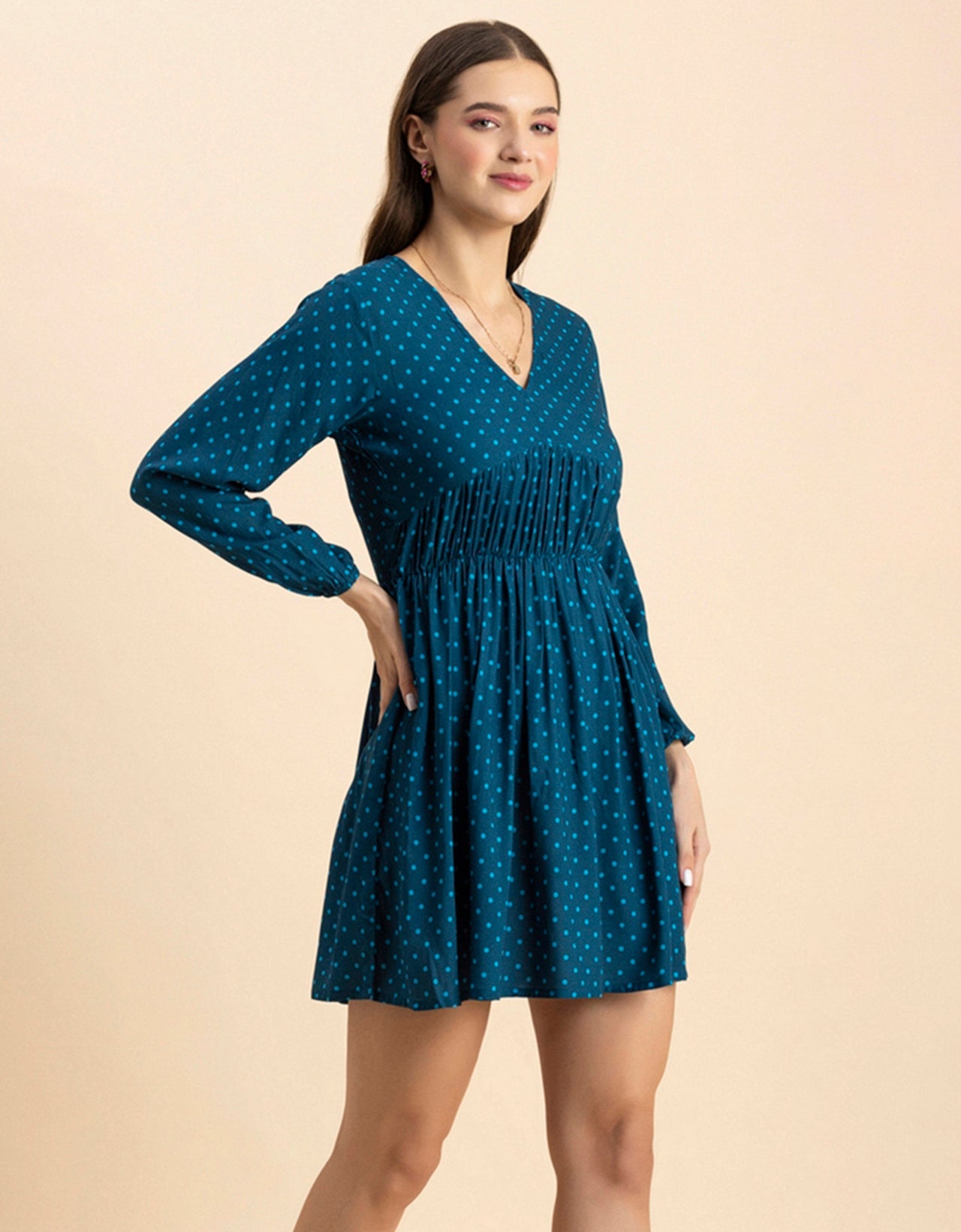 Printed Viscose Dress, Long Sleeves