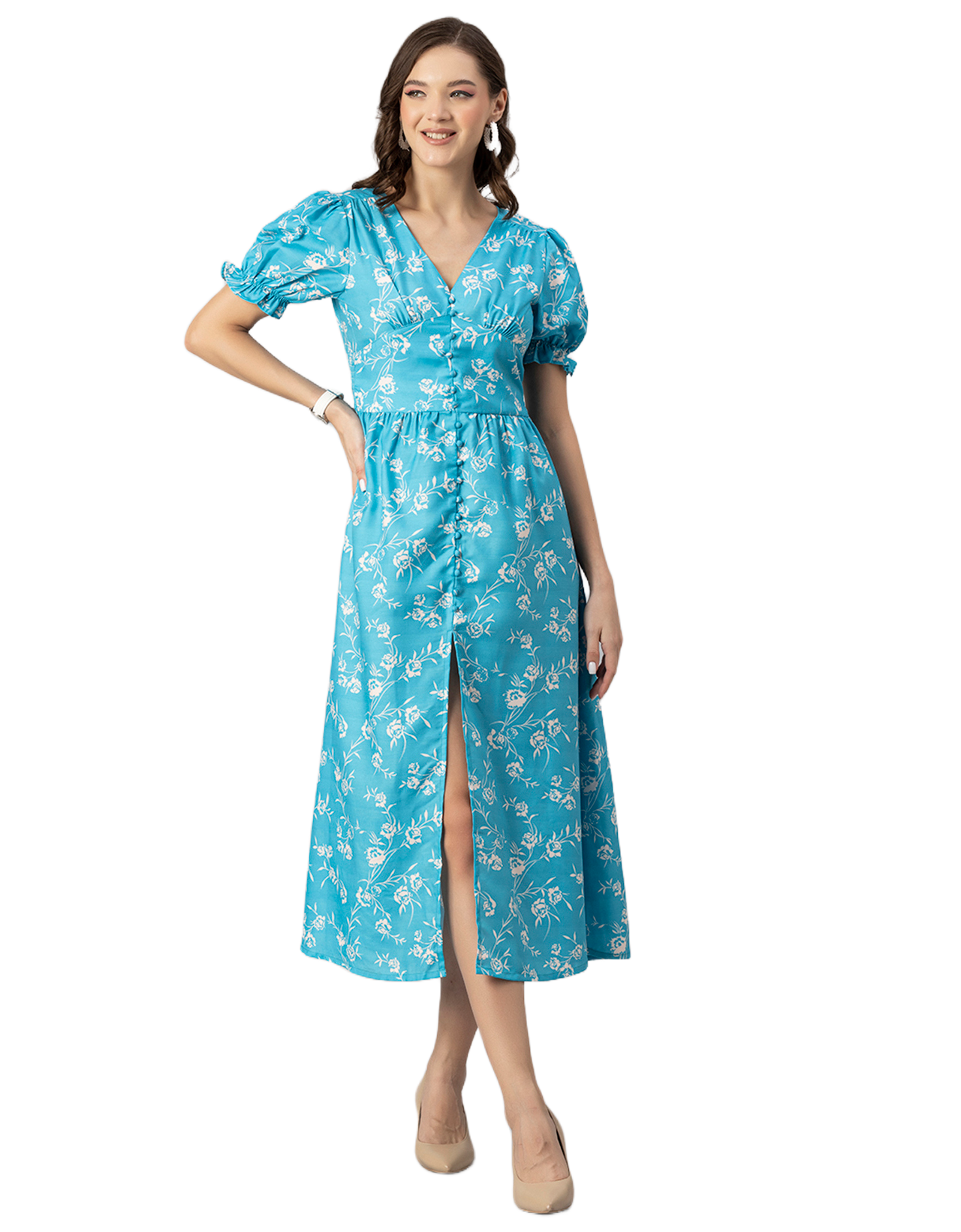 Printed Front Slit Midi Dress