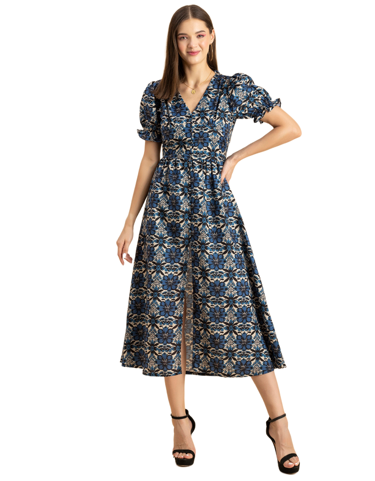 Printed Front Slit Midi Dress