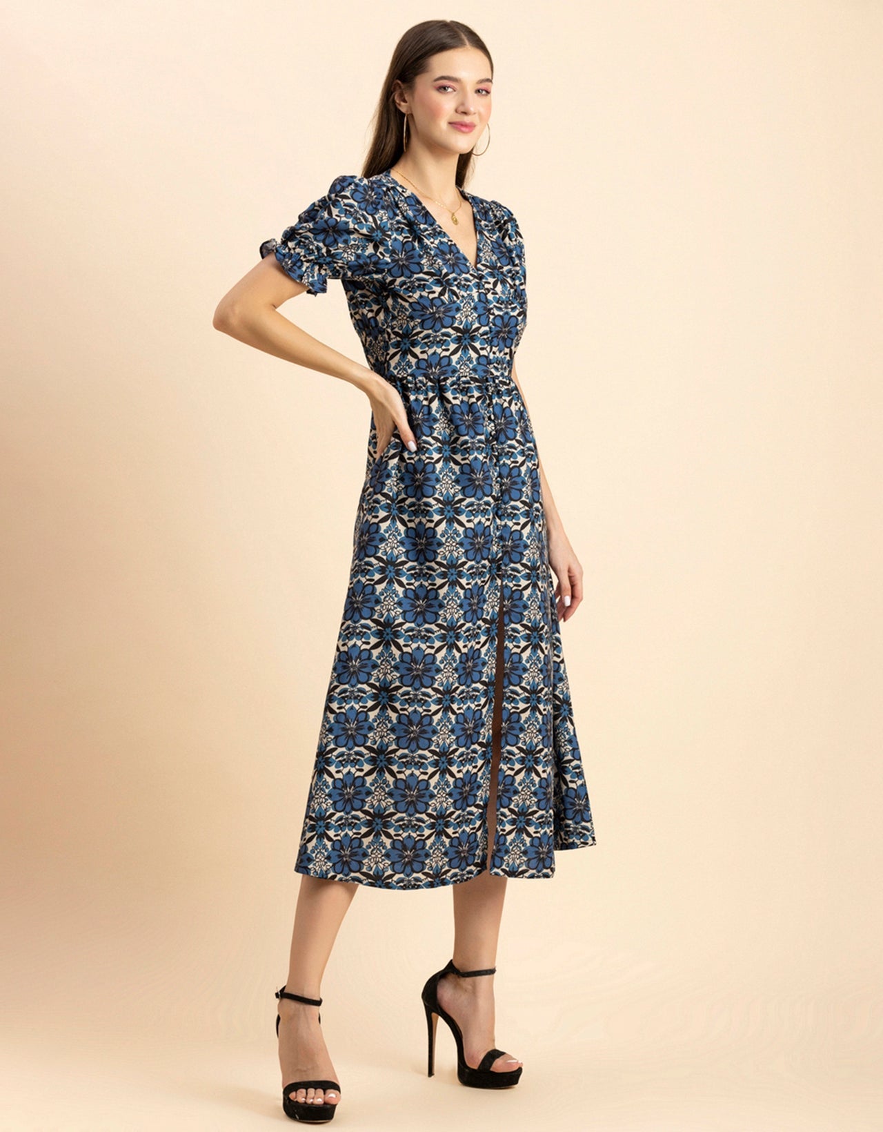 Printed Front Slit Midi Dress
