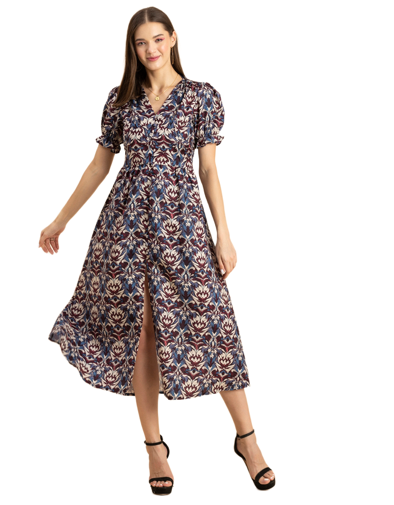 Printed Front Slit Midi Dress