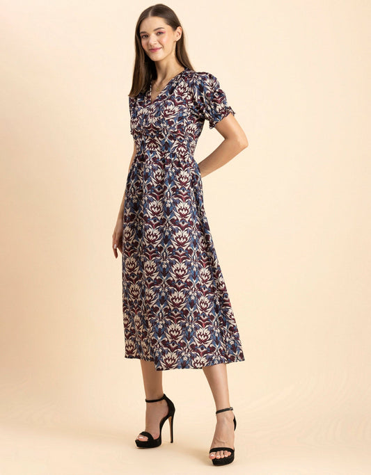Printed Front Slit Midi Dress