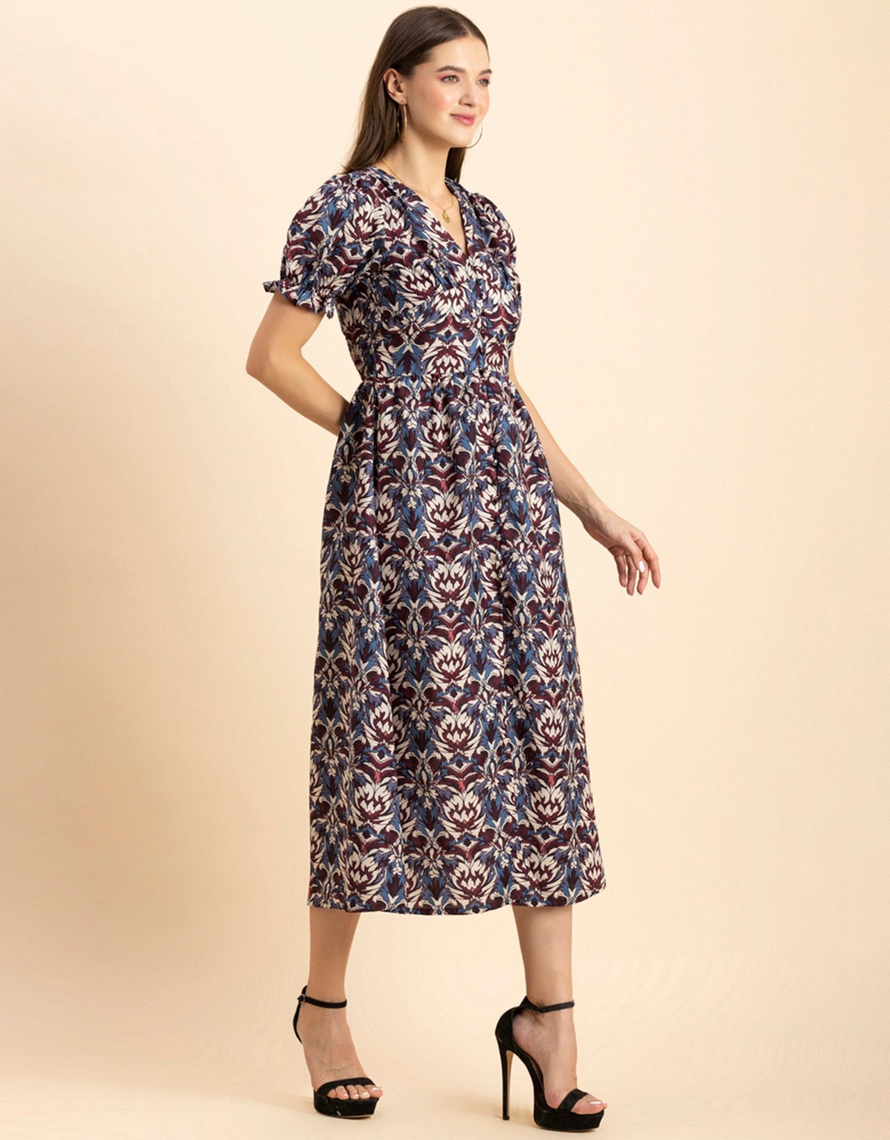 Printed Front Slit Midi Dress