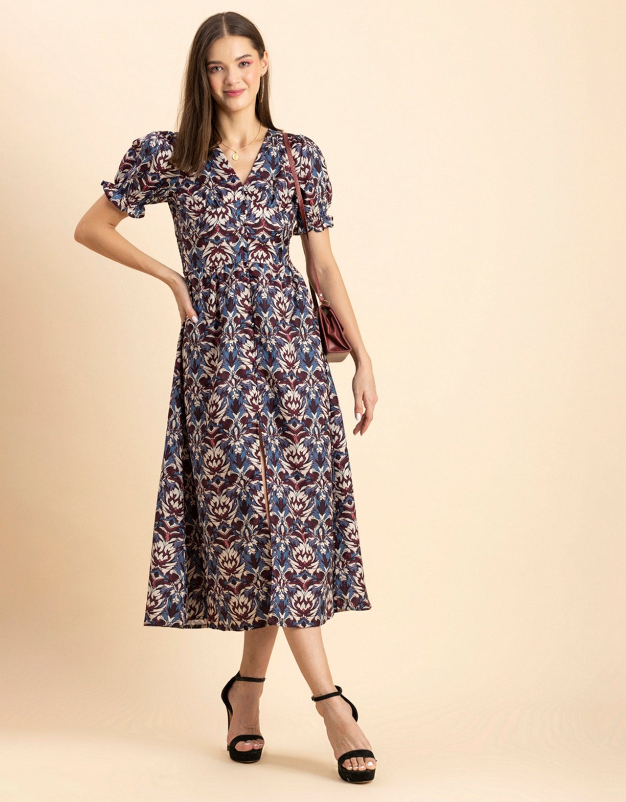 Printed Front Slit Midi Dress