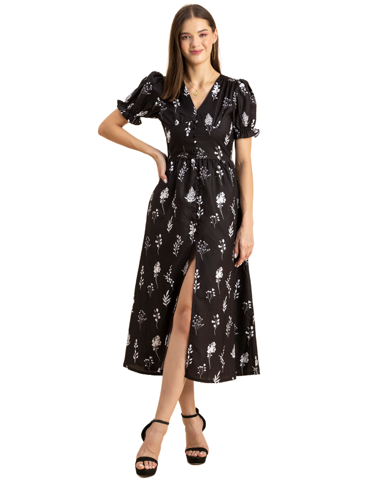 Printed Front Slit Midi Dress