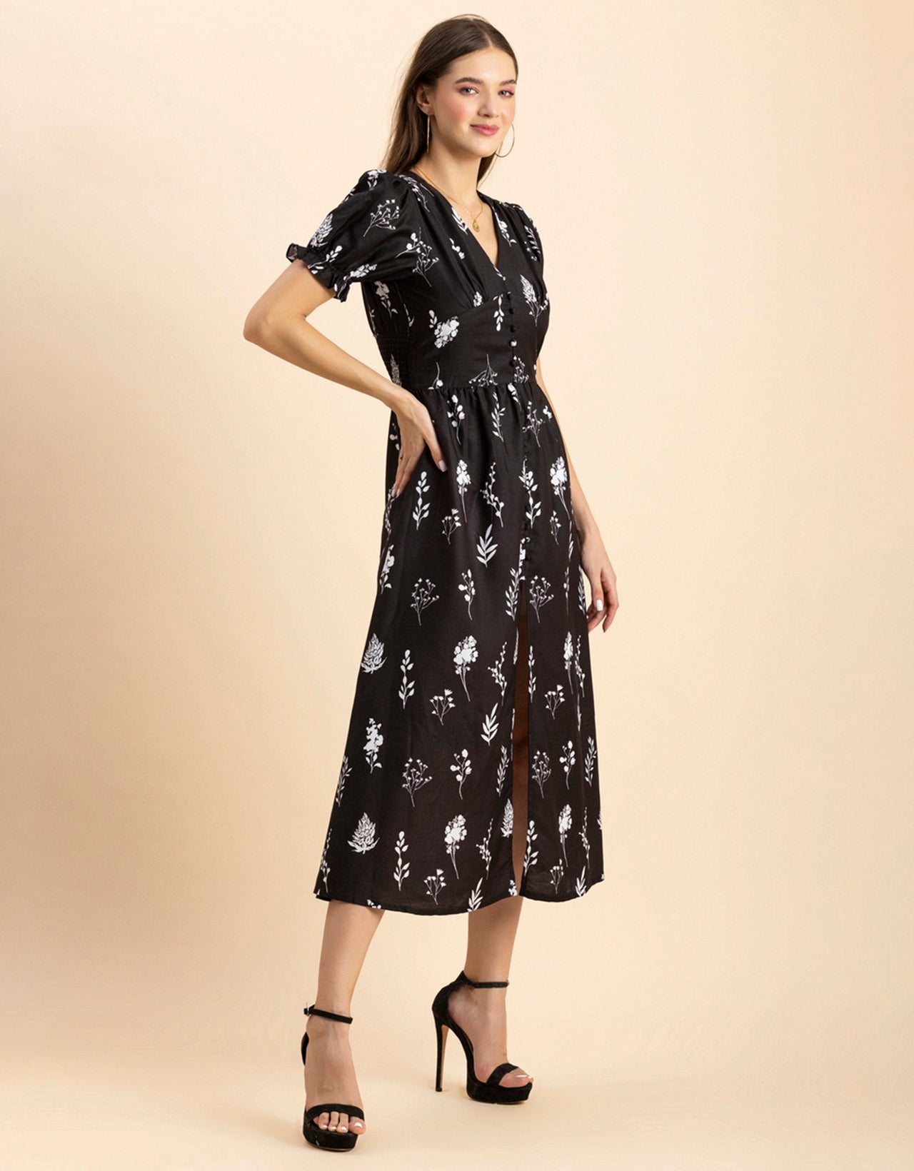 Printed Front Slit Midi Dress