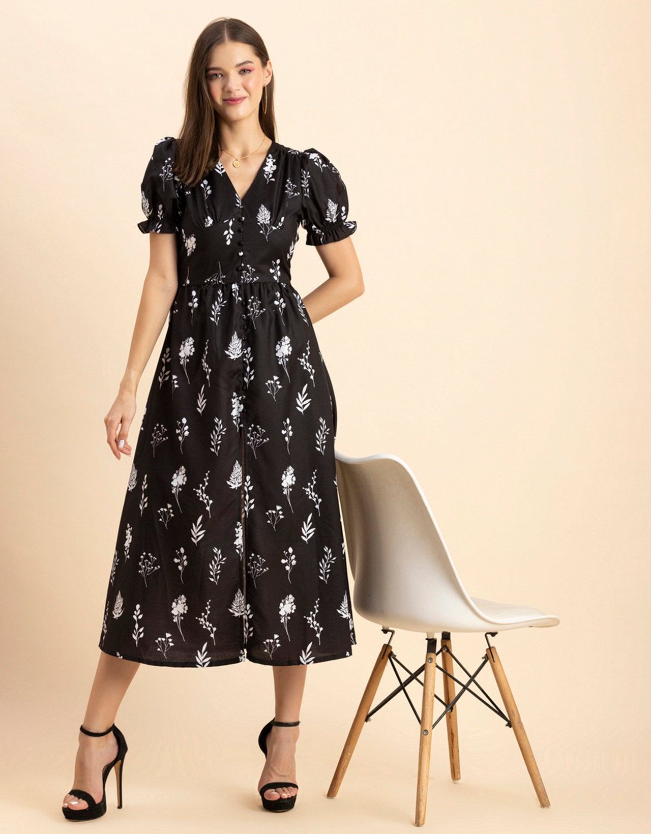 Printed Front Slit Midi Dress