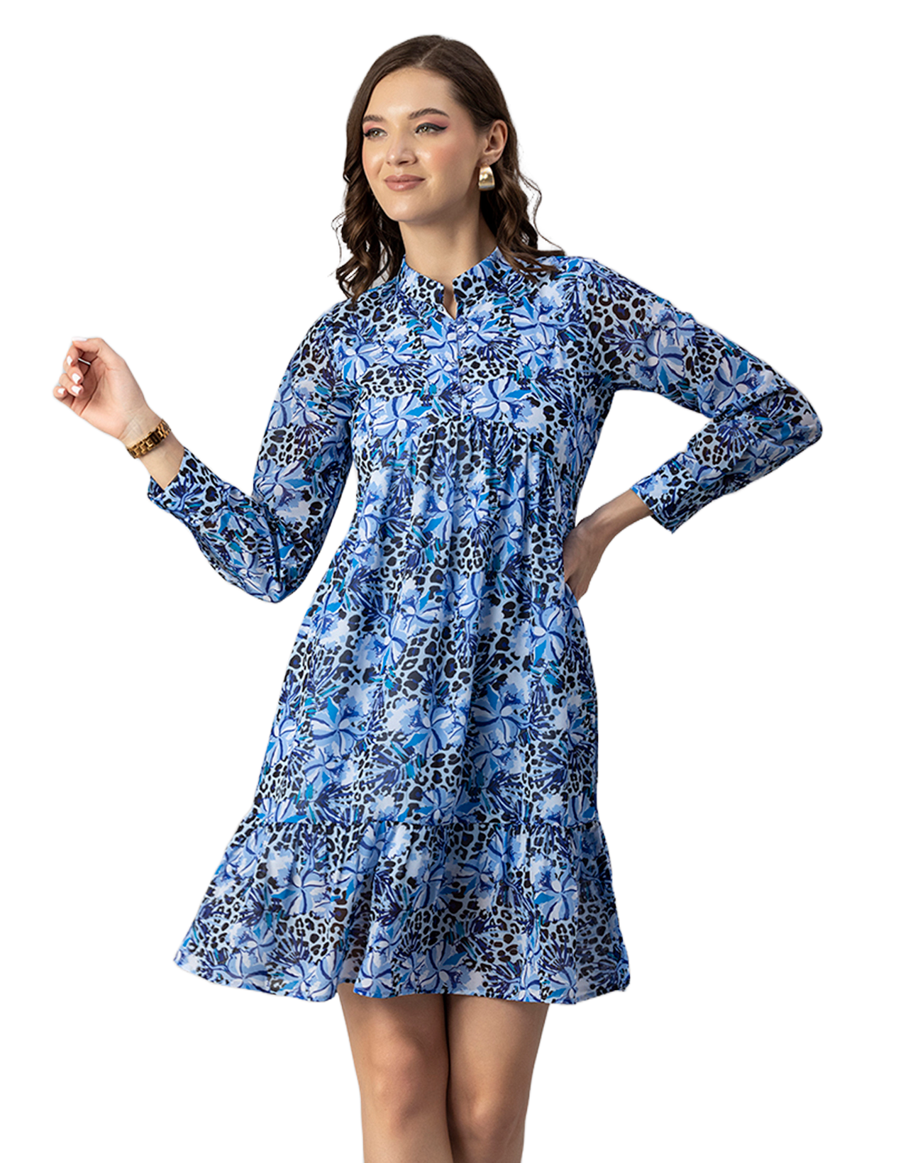 Solid Cuffed Sleeves Dress