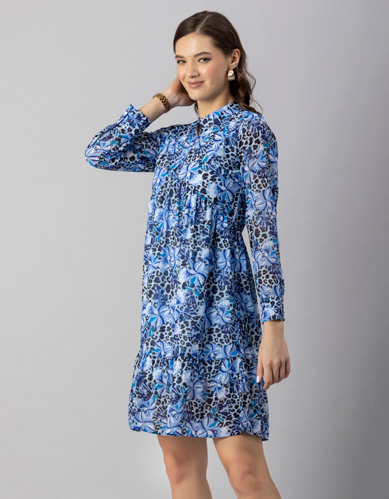 Solid Cuffed Sleeves Dress