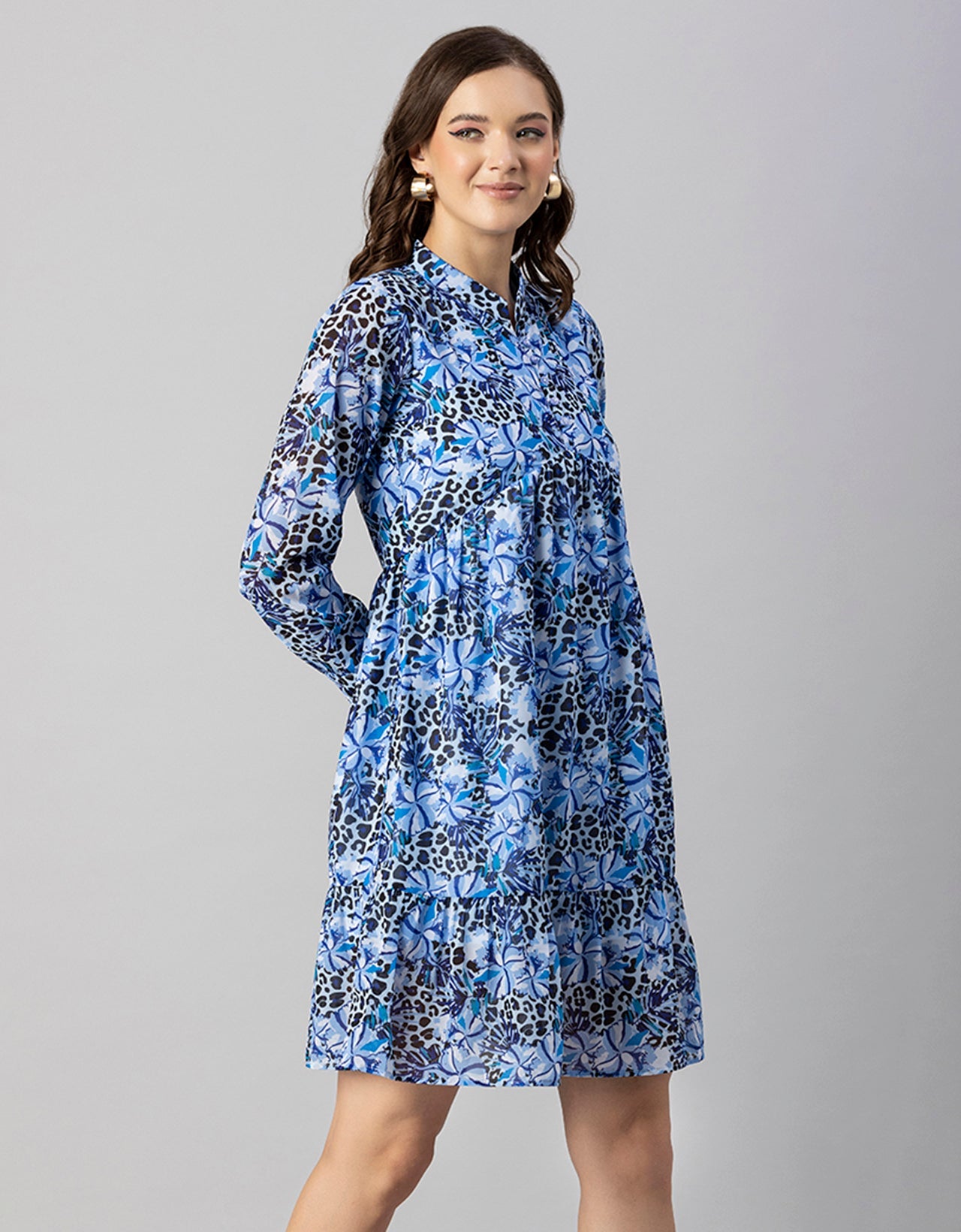 Solid Cuffed Sleeves Dress
