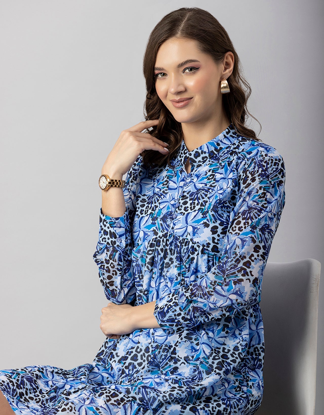 Solid Cuffed Sleeves Dress