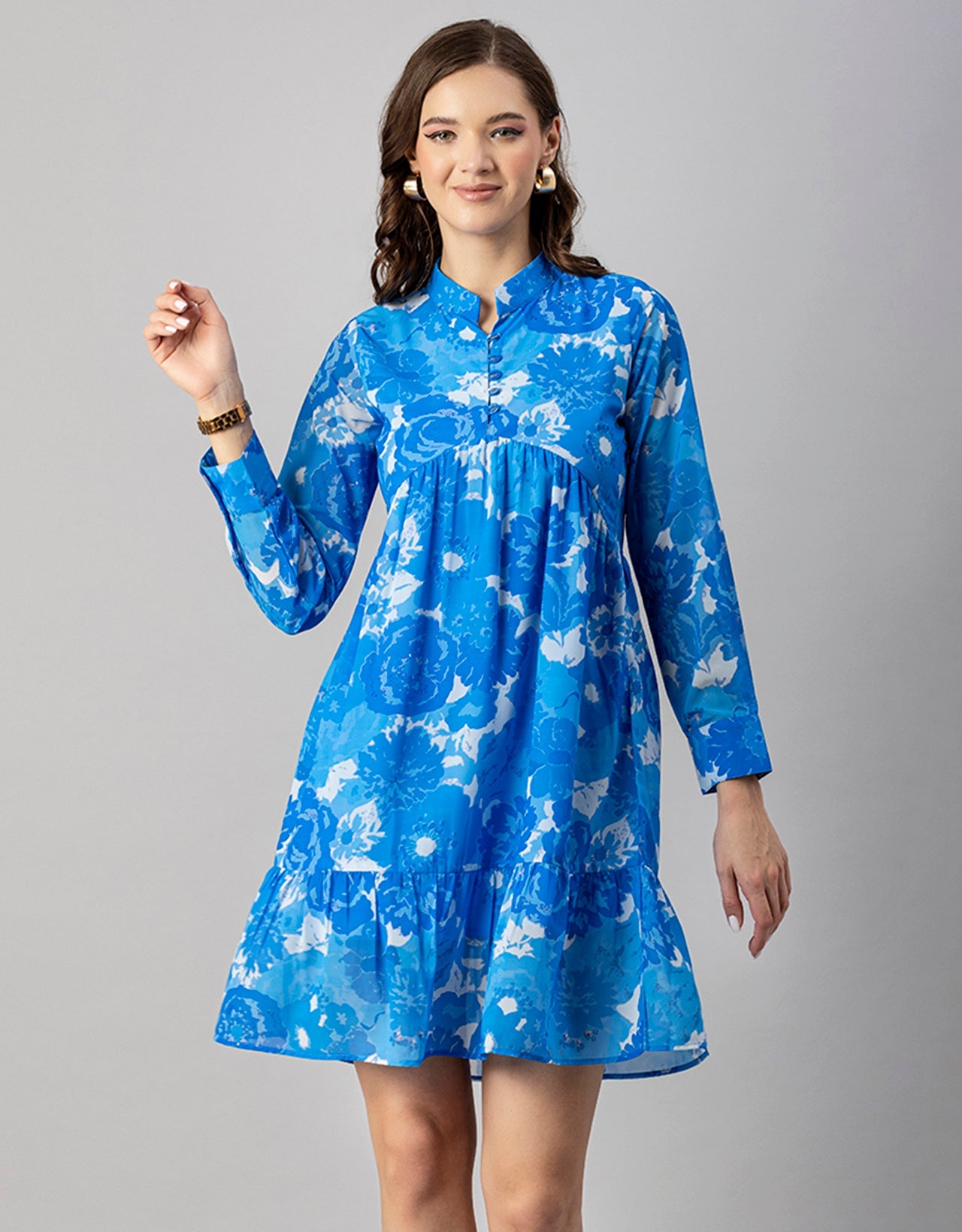Solid Cuffed Sleeves Dress