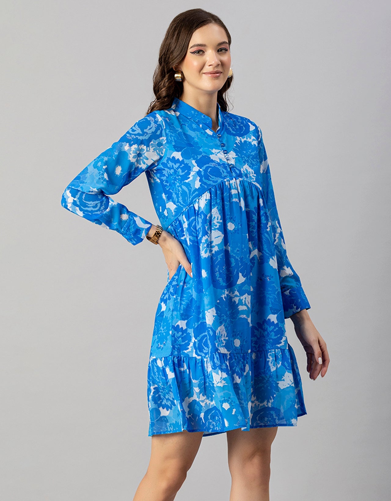 Solid Cuffed Sleeves Dress