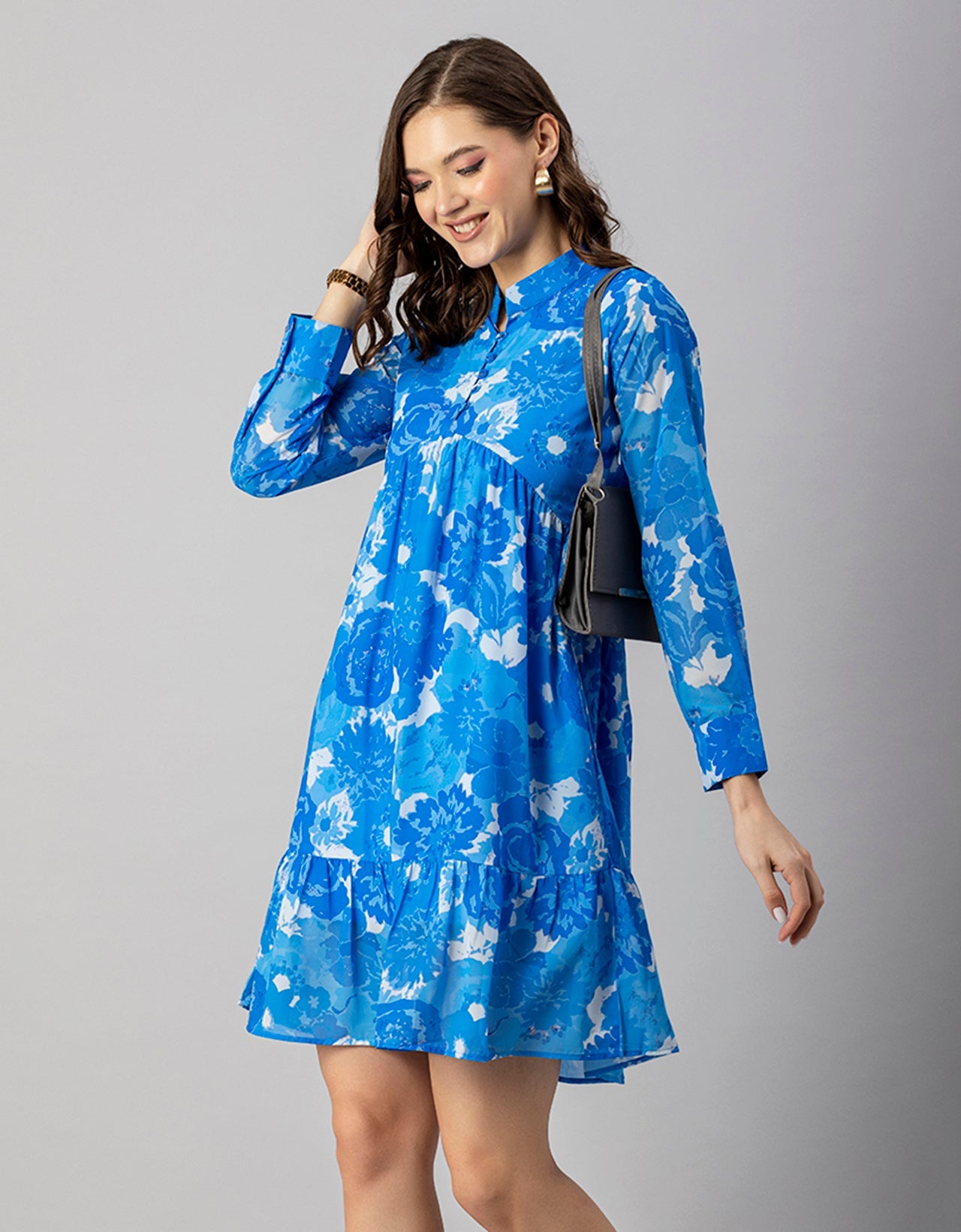 Solid Cuffed Sleeves Dress