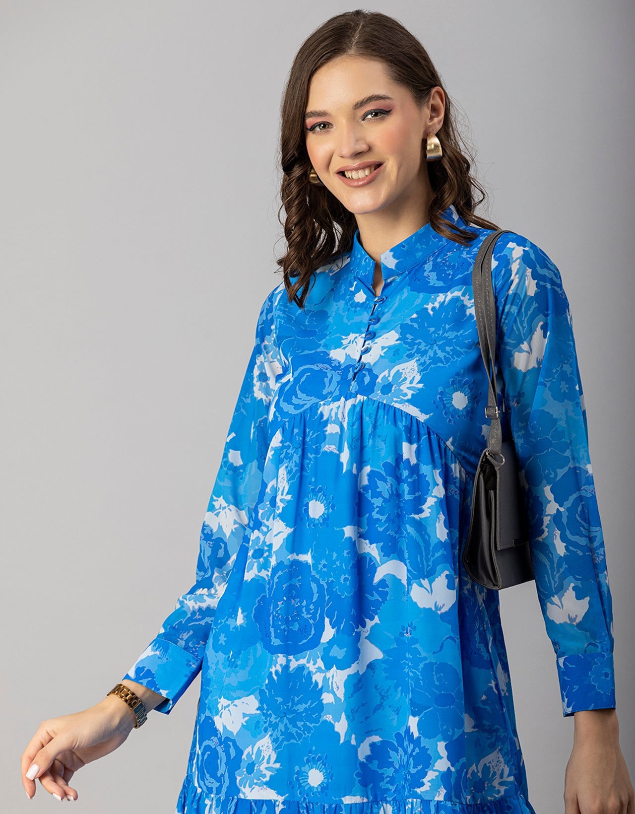 Solid Cuffed Sleeves Dress