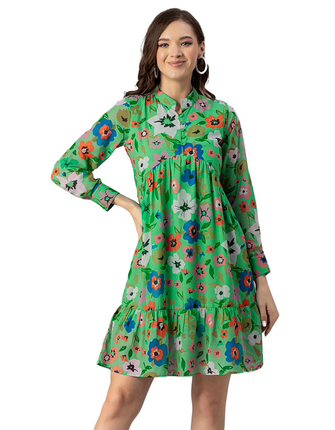 Solid Cuffed Sleeves Dress