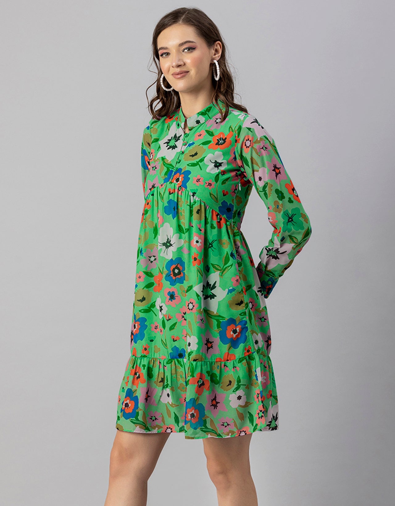 Solid Cuffed Sleeves Dress