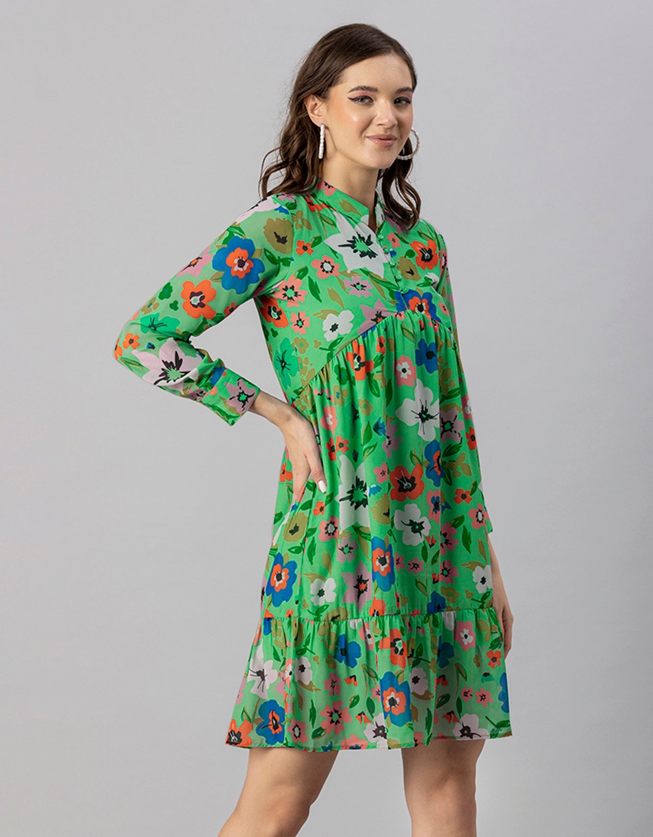 Solid Cuffed Sleeves Dress