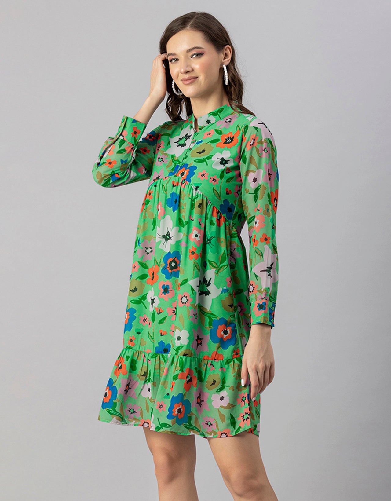 Solid Cuffed Sleeves Dress