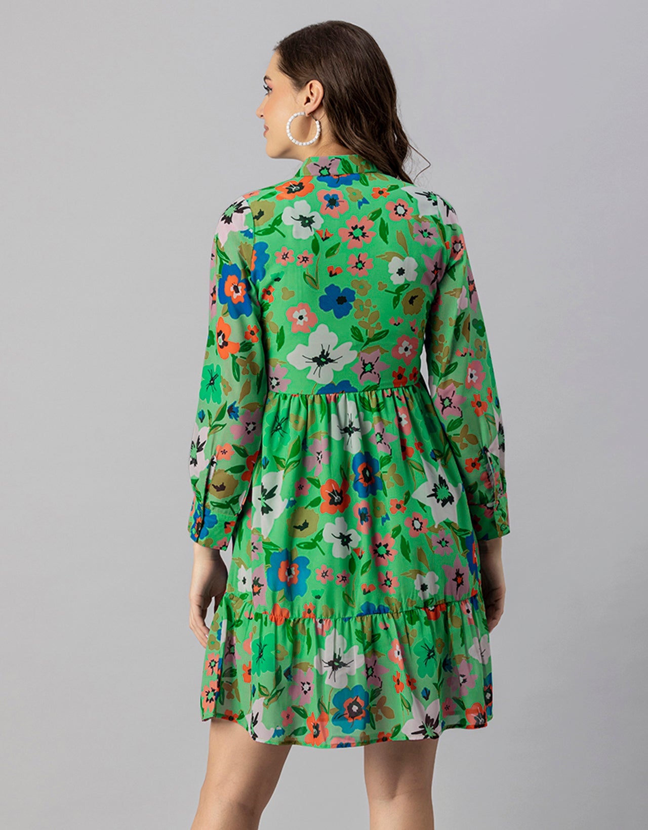 Solid Cuffed Sleeves Dress