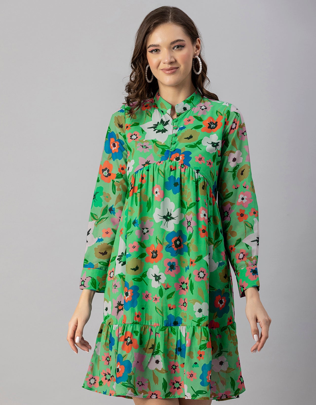 Solid Cuffed Sleeves Dress